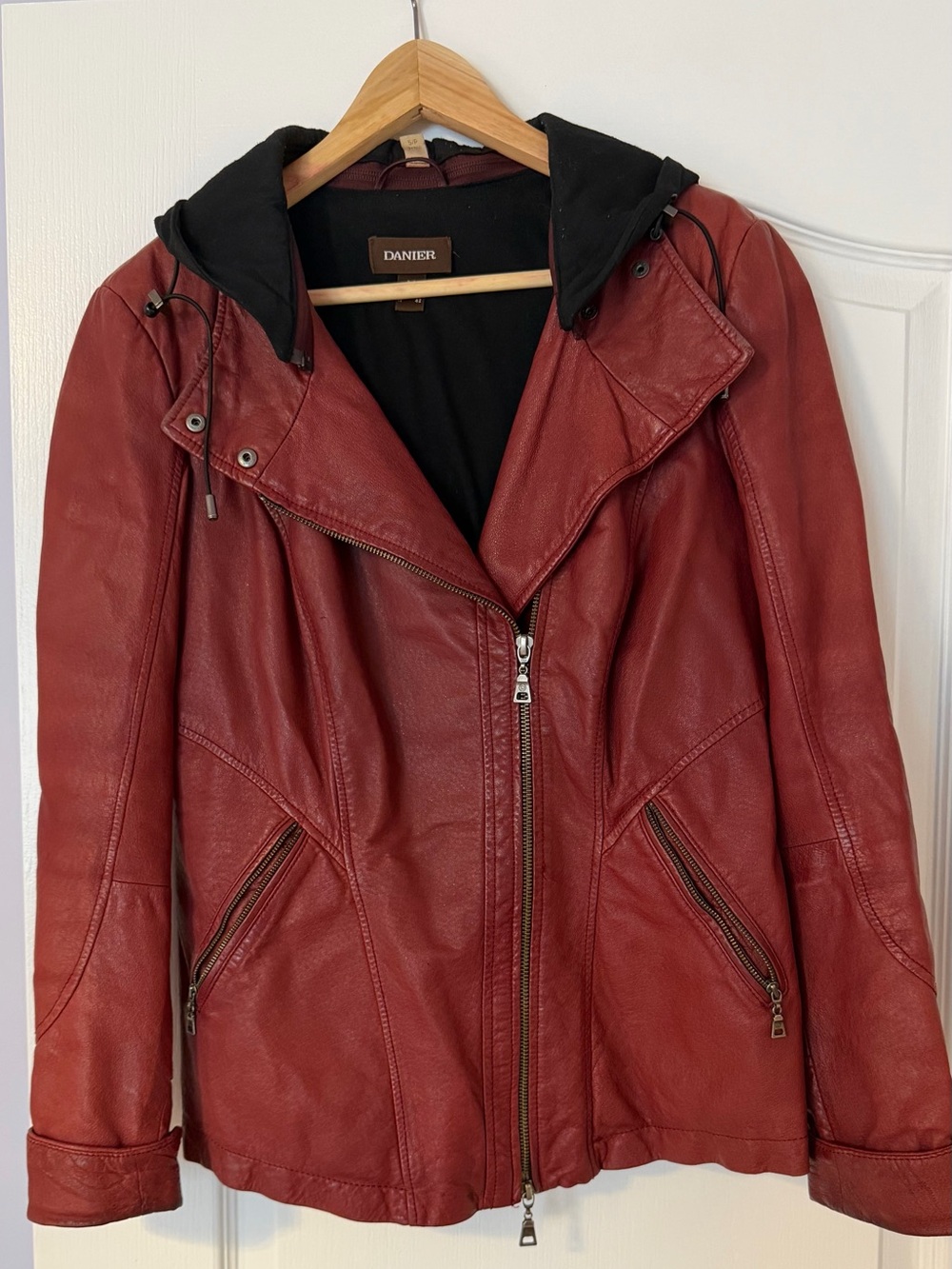 Danier Women’s Red Leather Jacket with Hood – Size S